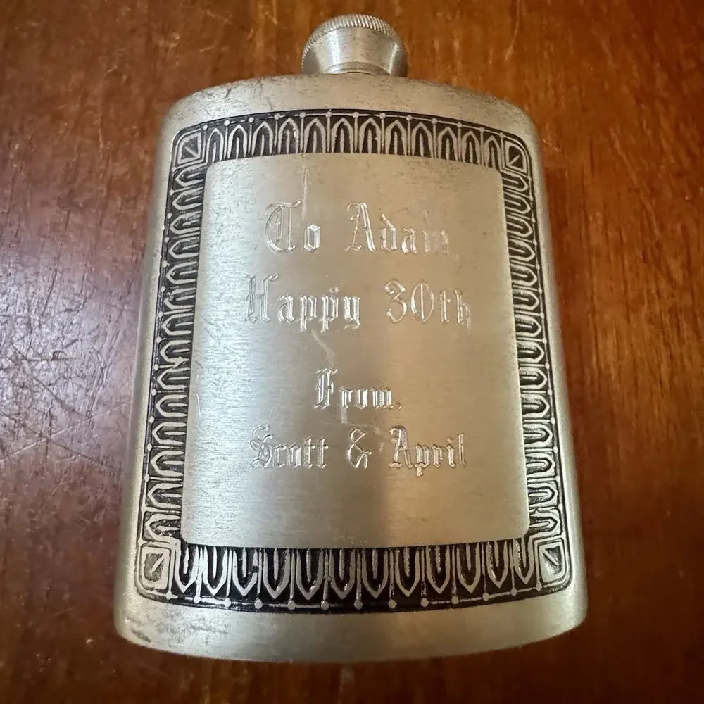 Selwin Pewter 6 oz Hip Flask Engraved Vintage Screw Cap Sheffield England